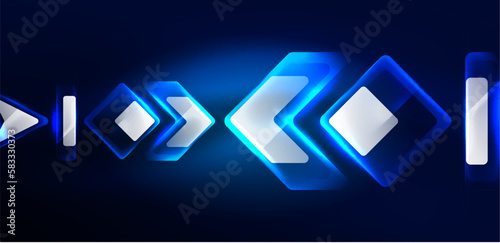 Blue neon speed arrow and line shapes background. Hi-tech concept with shiny backdrop. Bright flare light effect in the dark