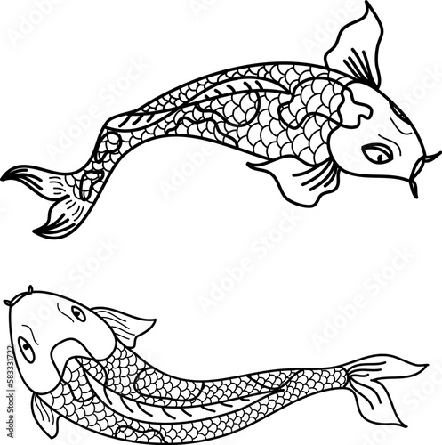 Hand drawn Koi carp on red background for auspiciousness of Chinese new year.Gold fish for festival on backdrops.Beautiful line art of koi fish.