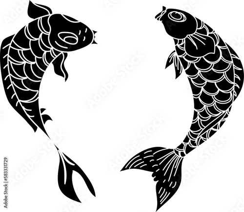 Hand drawn Koi carp on red background for auspiciousness of Chinese new year.Gold fish for festival on backdrops.Beautiful line art of koi fish.