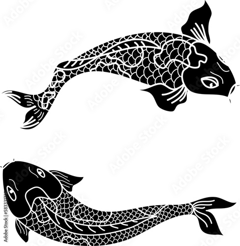 Hand drawn Koi carp on red background for auspiciousness of Chinese new year.Gold fish for festival on backdrops.Beautiful line art of koi fish.