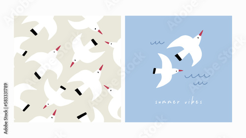 Cute Summer beach seamless  pattern with wave and seagull - vector print in flat style