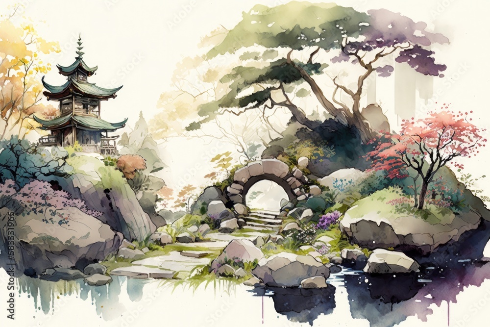 japanese landscape in watercolor with a fairy garden, ink landscape  painting created digitally Generative AI Stock Illustration