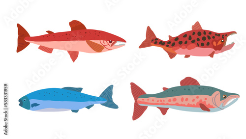 Set of doodle salmon fish in modern original trendy style. Clip art for design, isolated on white. Vector hand drawn illustration.
