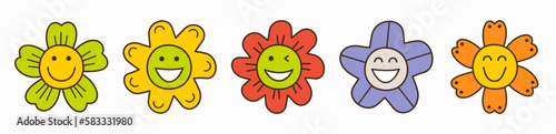 Smiling flower, abstract personage, mascot design, funny face, cute icon.