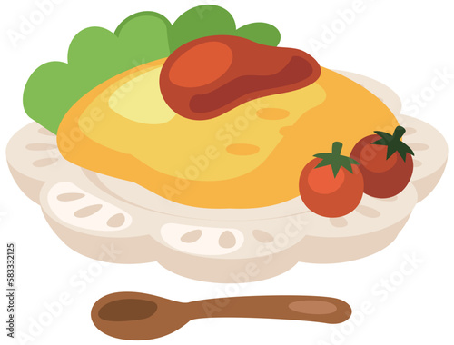 オムライスのイラスト_コロンとかわいいシンプルお料理ベクターイラスト。。。コロンとかわいいタッチで描かれたデフォルメイラストです。美味しそうなお料理のシリーズです。