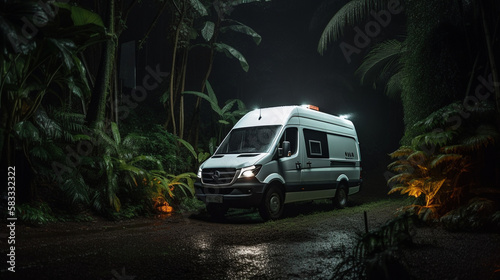 a  white camper van in tropical rainforest, car camping life in forest © Sean Song