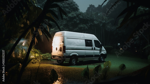 a camper van in tropical rainforest, car camping life in forest