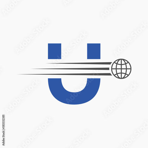 Letter U Global Logo Concept With Moving World Icon. Global Logotype Symbol Vector Template