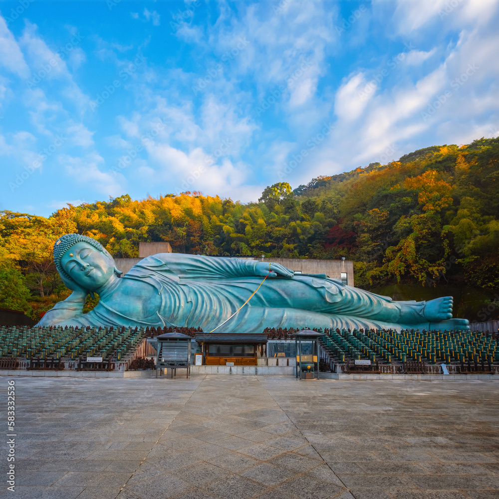 custom made wallpaper toronto digitalFukuoka, Japan - Nov 21 2022: Nanzoin Temple in Fukuoka is home to a huge statue of the Reclining Buddha (Nehanzo) which claims to be the largest bronze statue in the world.