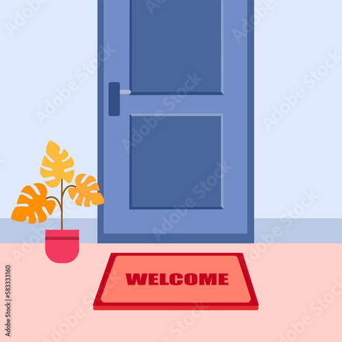 Welcome mat in front of house door in flat design.