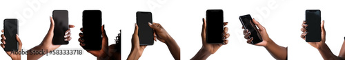 Smartphone hand holding. Set of modern black woman holding a smartphone isolated on blank background PNG