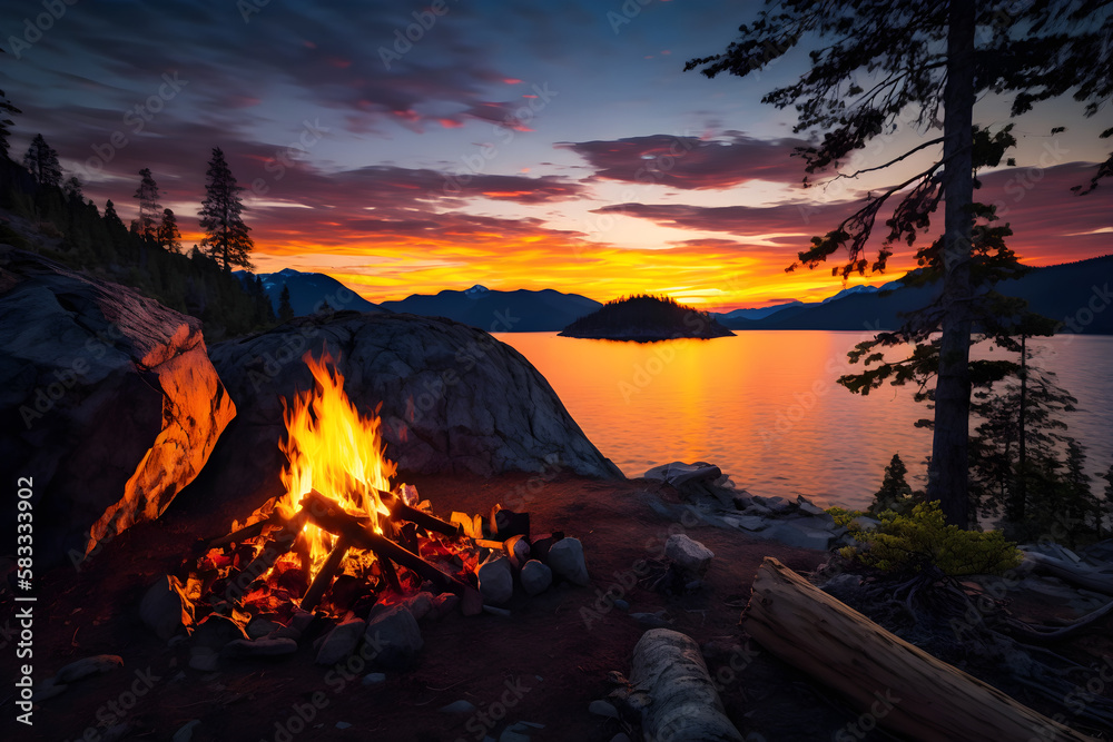 Warm Camp Fire on top of a mountain with Beautiful Canadian Nature Landscape in background during a colorful Sunset. Taken on Bowen Island, near Vancouver, British Columbia, Canada