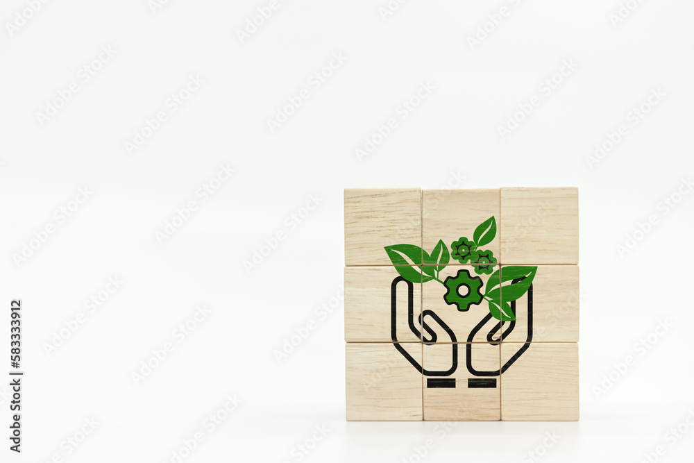 Hands holding gear and leaves on wooden cubes. Environmental technology concept. Sustainable development goals.Sustainable options for customer. Green business. Hands holding gear and leaves on wooden cubes. Environmental technology concept. Sustainable development goals.Sustainable options for customer. Green business.