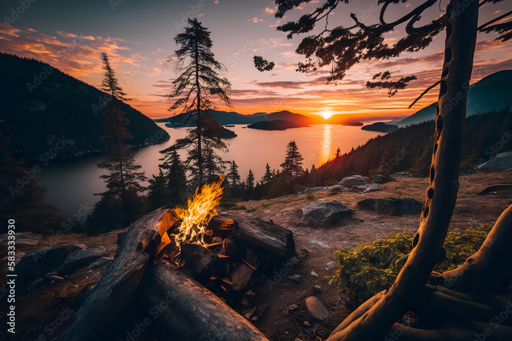 Naklejka premium Warm Camp Fire on top of a mountain with Beautiful Canadian Nature Landscape in background during a colorful Sunset. Taken on Bowen Island, near Vancouver, British Columbia, Canada
