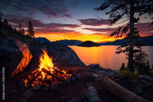 Warm Camp Fire on top of a mountain with Beautiful Canadian Nature Landscape in background during a colorful Sunset. Taken on Bowen Island, near Vancouver, British Columbia, Canada © DavidGalih | Dikomo.