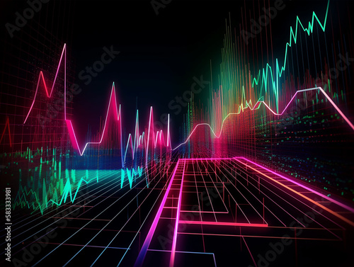 Neon background for a digital graph chart that represents growth investment in the stock trade market. Generative AI