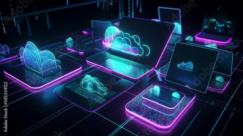 Futuristic Cloud technology, computing. Neon tones, Devices connected to digital storage in the data center via the Internet, IOT, Smart Home Communication laptop, tablet. Generative AI