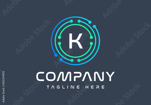 Letter K logotype green and blue colors, Technology, and digital abstract dot connection logo vector.