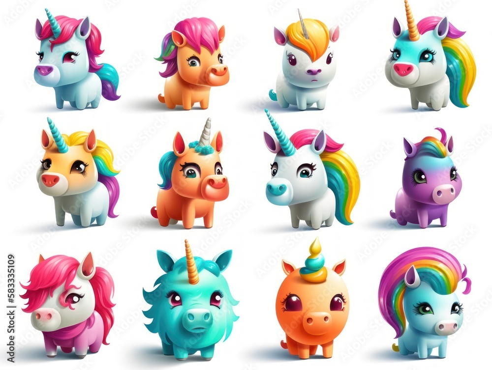 Obraz premium Set unicorn Cartoon cute character. Collection isolated on white background. generative ai