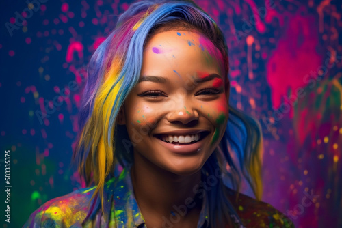 Portrait of a smiling Gen Z with rainbow hair color covered with colorful paint, generative ai