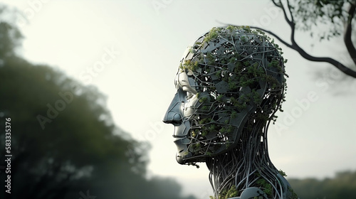 Humanoid head in a side profile with a tree growing inside, one futuristic tech. Generative AI © farhadahmadov