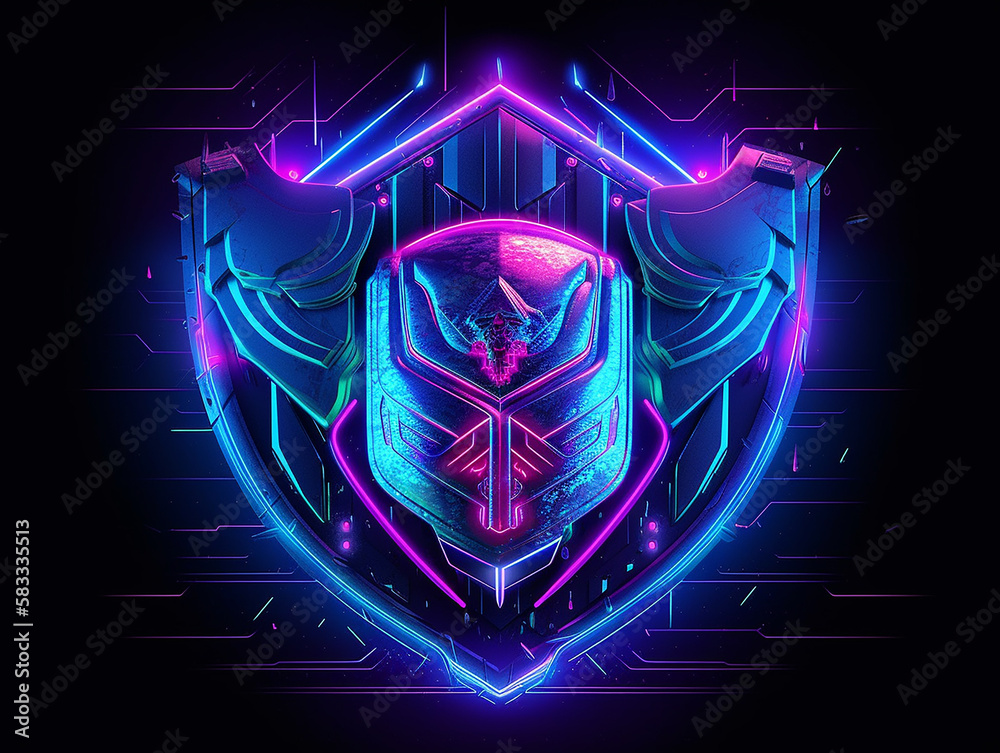 Fototapeta premium Concept of cyber security shield technology protecting data security and privacy. Neon - style illustration. Generative AI