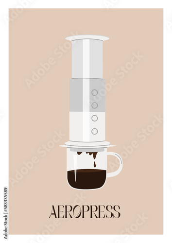 Trendy minimalist poster with aeropress and hot freshly brewed speciality coffee in a cup. Contemporary simple print with craft coffee maker. Alternative coffee brewing methods. Vector illustration.