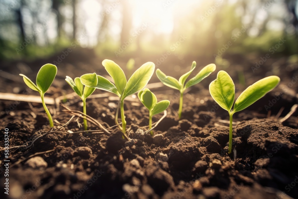 Fototapeta premium Green young plant sprout growing in the ground Generative AI