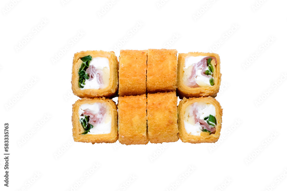 Sushi Rolls, Japanese foods, maki isolated background. Perfect for using in food commercial, menu, poster design. Top view