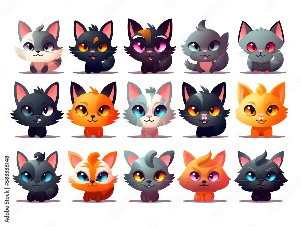 Set cats Cartoon cute character. Collection isolated on white background. generative ai Set cats Cartoon cute character. Collection isolated on white background. generative ai