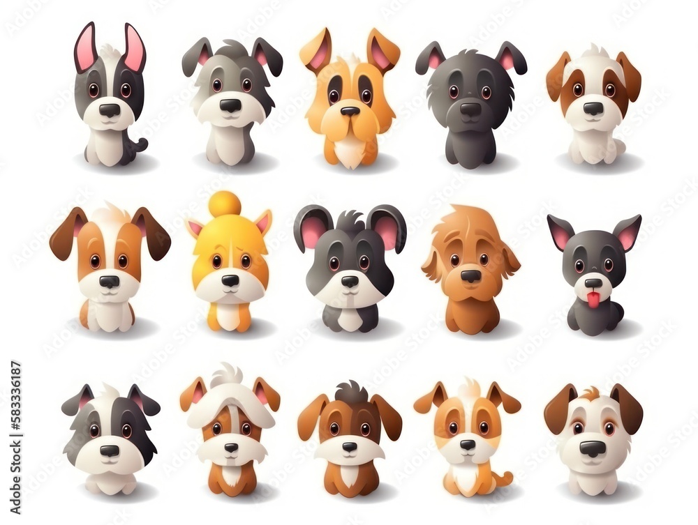 Set dog Cartoon cute character. Collection isolated on white background. generative ai