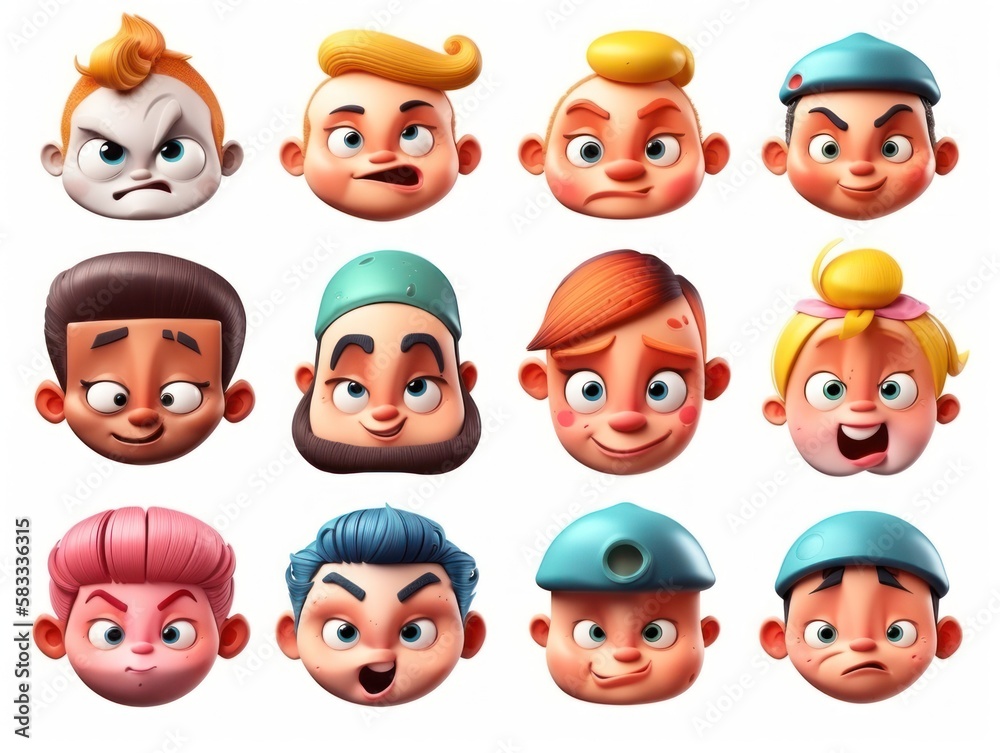 Set face Cartoon cute character. Collection isolated on white background. generative ai Set face Cartoon cute character. Collection isolated on white background. generative ai