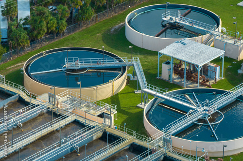 Bild auf Leinwand Aerial view of water treatment factory at city wastewater cleaning facility