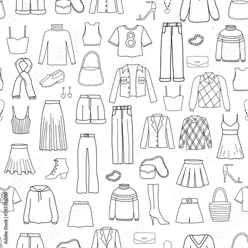 Vector hand drawn doodle seamless pattern. Hoodies and pants sketch illustration. Outline illustration clothes, shoes