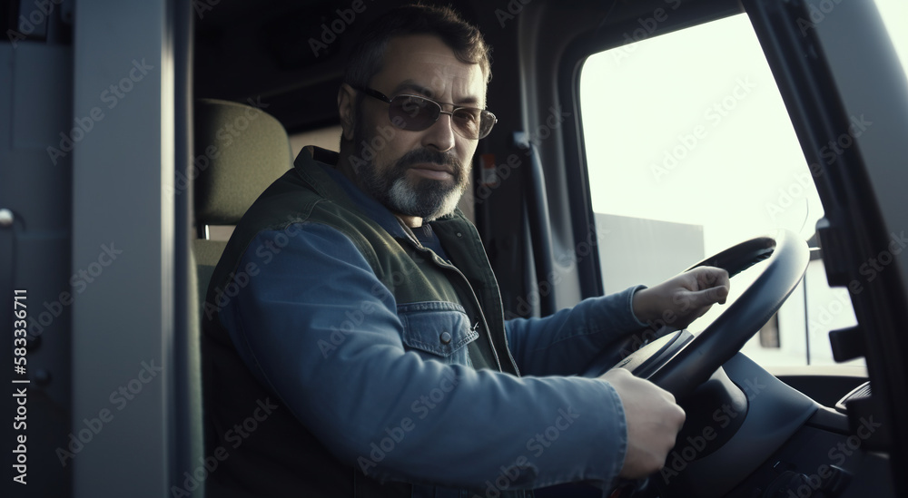 Bearded man in sunglasses driving a truck and looking at camera, Generative AI Bearded man in sunglasses driving a truck and looking at camera, Generative AI