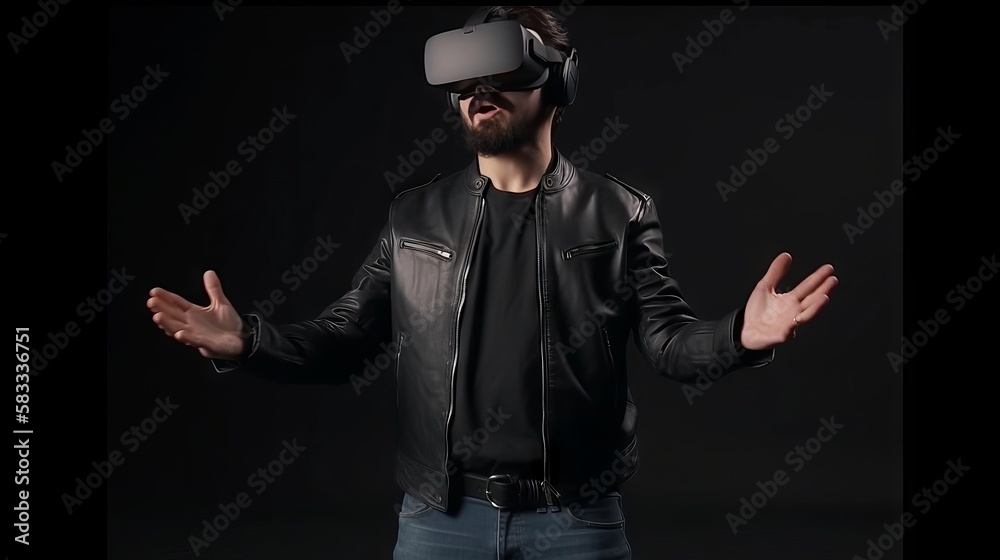 Man wearing virtual reality goggles on black background. Future technology concept. Generative AI Man wearing virtual reality goggles on black background. Future technology concept. Generative AI