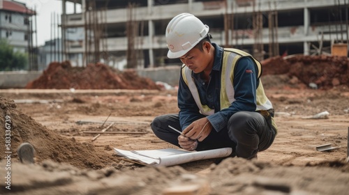 Asian engineer or architect working at construction site with blueprints, Generative AI © LAYHONG