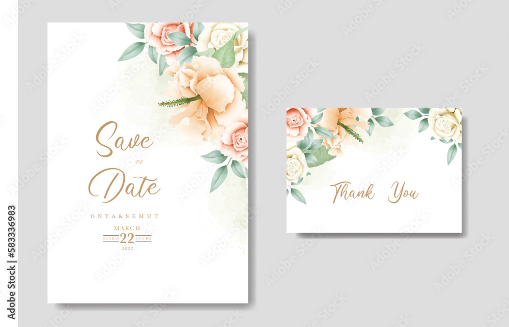 Obraz premium wedding invitation card with floral hibiscus watercolor
