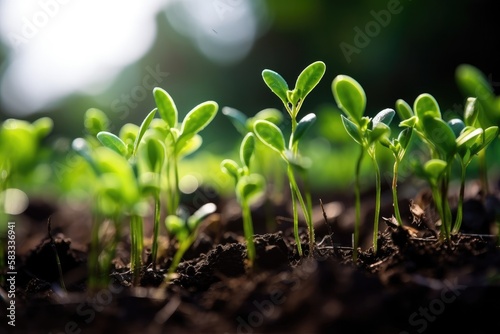 Green young plant sprout growing in the ground Generative AI