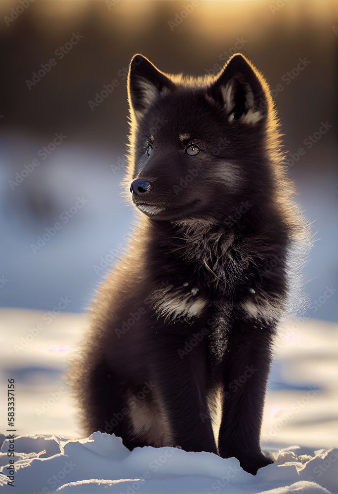Naklejka premium Portrait of black baby Wolf. Generative AI