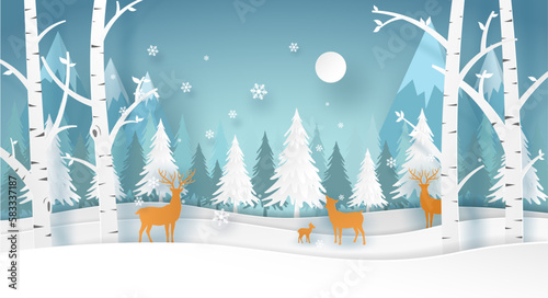 Deer family  in the forest in winter season with white tree and snow. Christmas card in vector paper art.