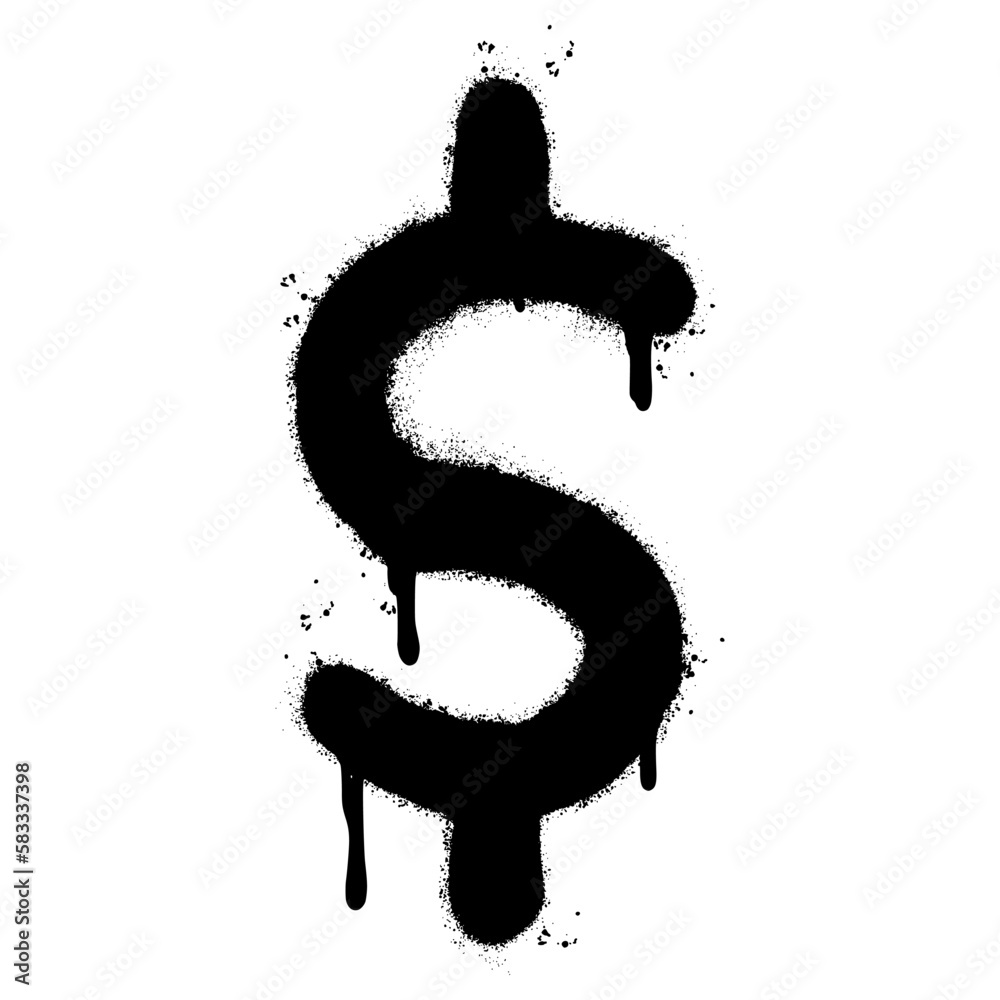 Spray Painted Graffiti dollar $ icon Sprayed isolated with a white background. graffiti bell icon with over spray in black over white. 