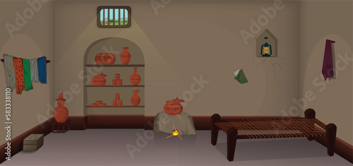 Village poor room inside cartoon background, Poor house with kitchen interior vector illustrations.