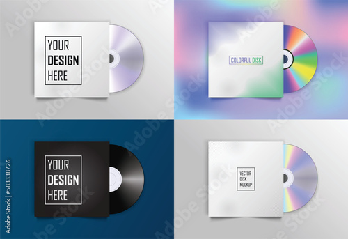 Set of different CD-DVD compact disc album and empty paper case template with shadow on background