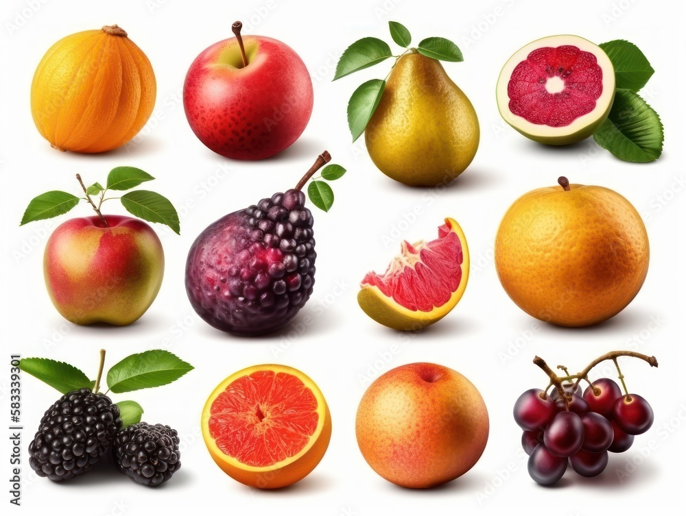 Set of fresh different fruits. Collection isolated on white background. generative ai Set of fresh different fruits. Collection isolated on white background. generative ai