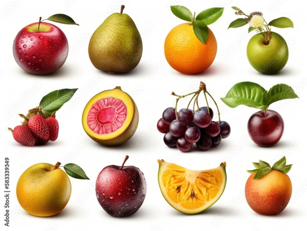 Set of fresh different fruits. Collection isolated on white background. generative ai