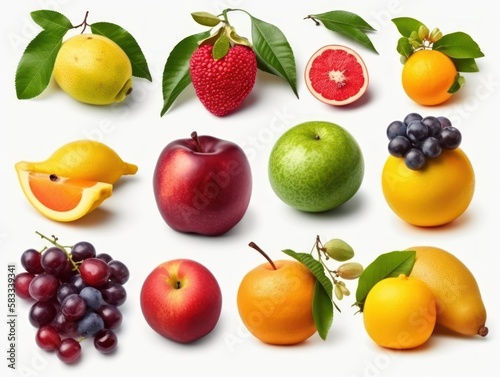 Set of fresh different fruits. Collection isolated on white background. generative ai