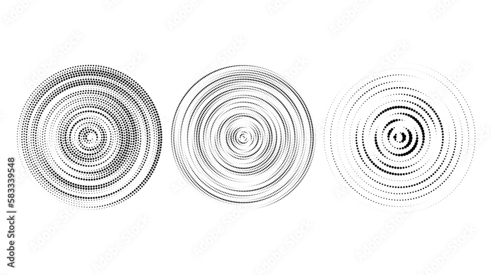 Halftone concentric circles set. Dotted rings collection. Epicentre, target, radar icon concept. Sound wave, radial signal, vibration or water elements. Vector Halftone concentric circles set. Dotted rings collection. Epicentre, target, radar icon concept. Sound wave, radial signal, vibration or water elements. Vector