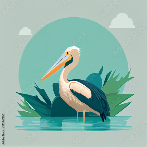 A pelican in a lagoon, minimalistic flat design illustration, Generative AI