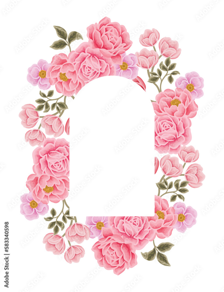 Beautiful romantic pink flower frame with roses, tulips, lilac floral, peony, poppy and leaf branch illustration elements for wedding card, invitation, decoration isolated on transparent background